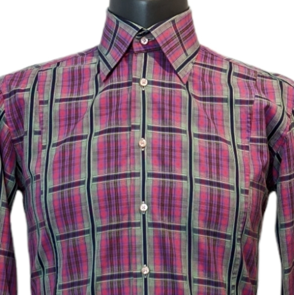 COTON Doux Paris pink plaid slim fit button front shirt sz 15 1/2